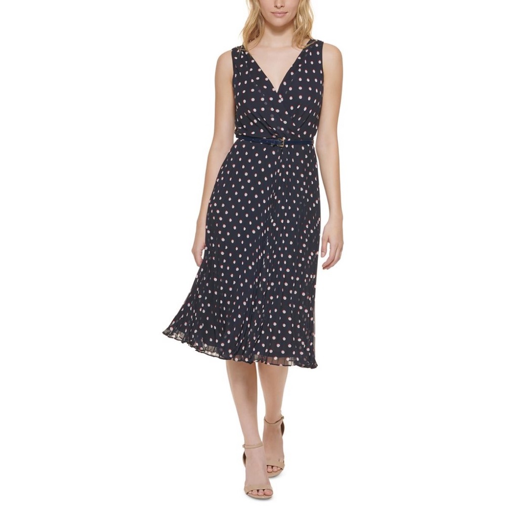 NWT Tommy Hilfiger Chiffon Shadow Dotted Navy Blue Pleated Midi Dress Size 6